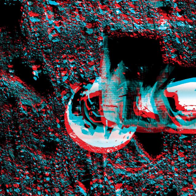 Na zdjęciu anaglifowym pokazano ramię wysięgnika sondy OSIRIS-Rex skierowane ku planetoidzie Bennu.