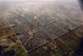 Zjednoczone Emiraty Arabskie. Powstało kilka koncepcji ekomiasta Masdar pod Abu Dhabi.  Na ilustracji projekt przedmieścia opracowany przez pracownię Normana Fostera.