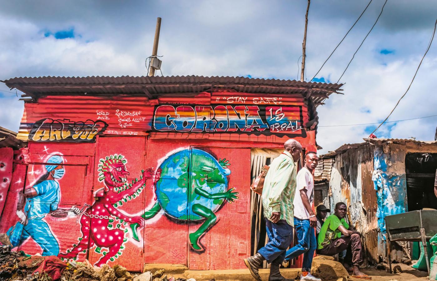 Nairobi, graffiti informujące o zagrożeniu koronawirusem.
