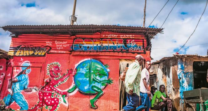 Nairobi, graffiti informujące o zagrożeniu koronawirusem.