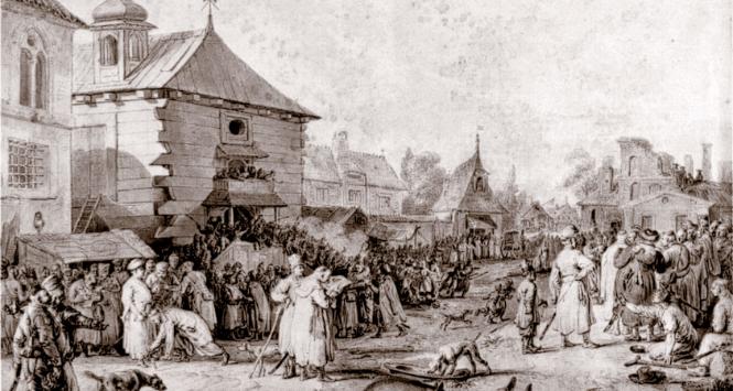 Szlachta zbierająca się na sejmik w miasteczku (nienazwanym przez autora), rysunek Józefa Walla z XVIII w.