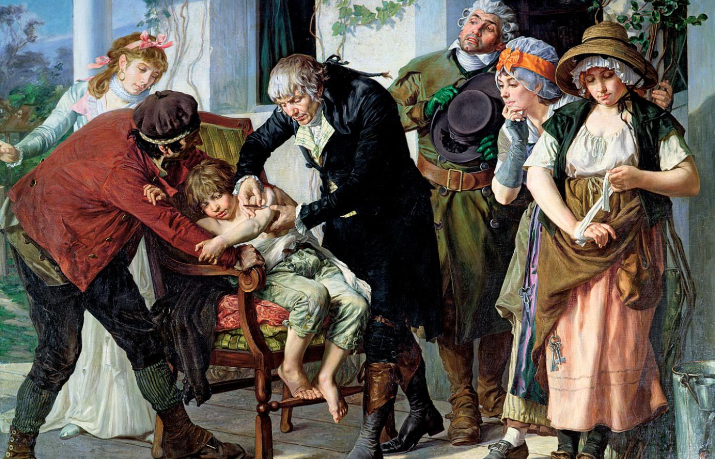 Angielski lekarz Edward Jenner wykonuje pierwsze szczepienie przeciw ospie w 1796 r. – obraz Gastona Mélingue.