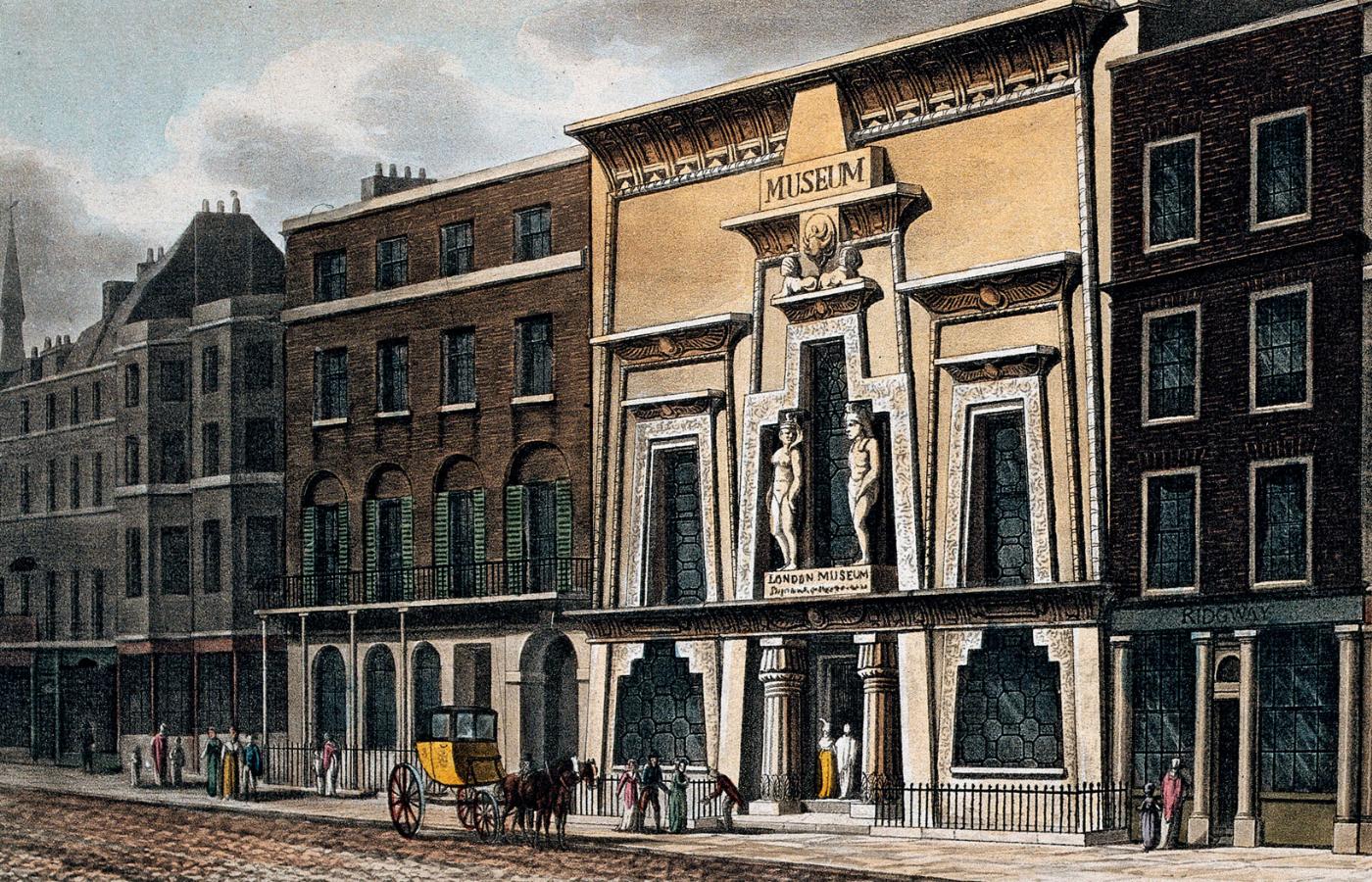 Egyptian Hall przy Piccadilly Circus w Londynie, akwatinta z XIX w.