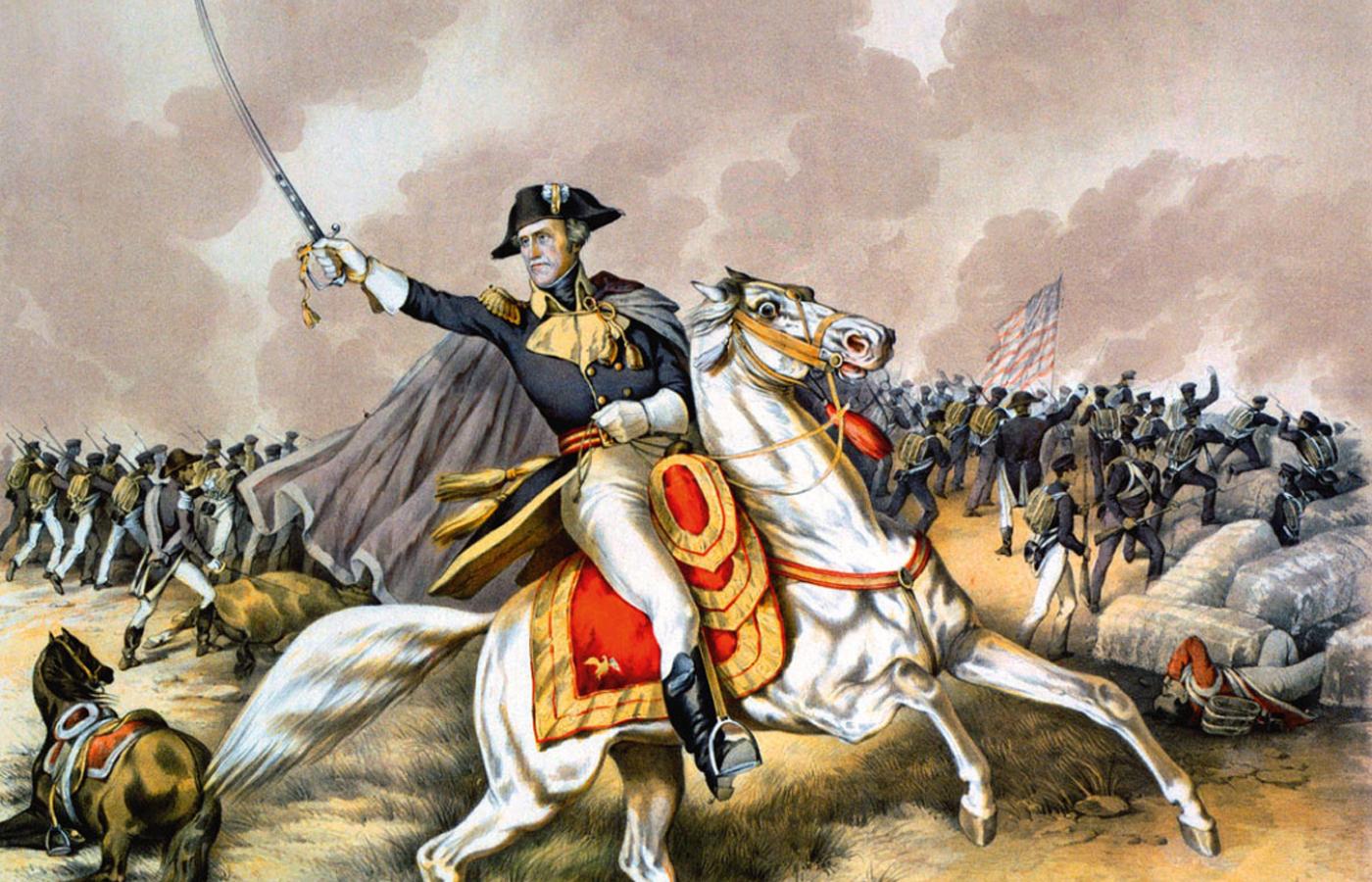 Gen. Andrew Jackson, późniejszy ekspansywny prezydent, nazywany przez wrogów królem Andrzejem, w bitwie pod Nowym Orleanem w 1815 r.; litografia z 1856 r.