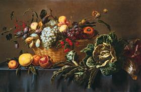 „Winogrona, śliwki i inne owoce w wiklinowym koszu na drapowanym stole”, Adriaen von Utrecht, 1647 r.