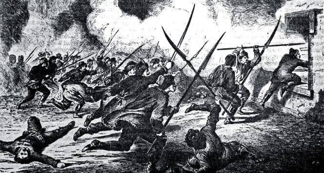 Czyn powstańczy. Atak oddziału Antoniego Jeziorańskiego na carskie koszary w Rawie, 1863 r.; rycina z epoki.