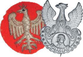 Orzełek Armii Polskiej we Francji (po lewej)i z wizerunkiem Piłsudskiego.