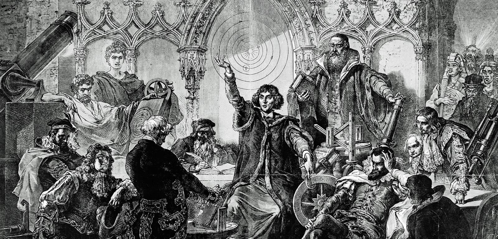 Mikołaj Kopernik wykłada w otoczeniu wybitnych astronomów, wśród których jest Galileusz. Ilustracja wykonana na 400-lecie urodzin astronoma.