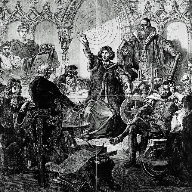 Mikołaj Kopernik wykłada w otoczeniu wybitnych astronomów, wśród których jest Galileusz. Ilustracja wykonana na 400-lecie urodzin astronoma.