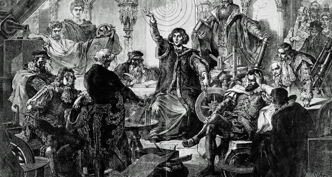 Mikołaj Kopernik wykłada w otoczeniu wybitnych astronomów, wśród których jest Galileusz. Ilustracja wykonana na 400-lecie urodzin astronoma.