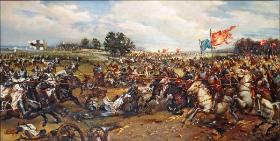 „Bitwa pod Grunwaldem”, obraz namalowany przez Stefana Garwatowskiego w 1987 r. W tym czasie w gabinetach historyków pisano już tę historię na nowo.