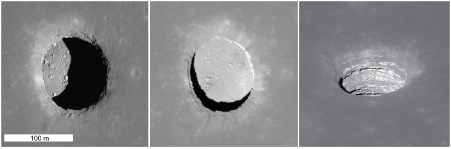 „Księżycowy świetlik” sfotografowany przez Lunar Reconnaissance Orbiter na Morzu Spokoju. Takie studzienki mogą prowadzić do jam i jaskiń, które mogliby wykorzystać w przyszłości astronauci.