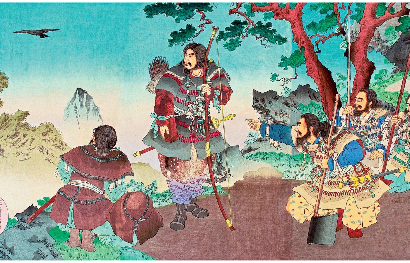Legendarny cesarz Jinmu razem z wojskiem rusza na podbój Yamato, prowadzony przez trójnogiego kruka zesłanego przez Amaterasu; drzeworyt z XIX w.
