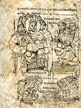 Palenie ksiąg ariańskich – ilustracja z kompendium prawa kanonicznego opracowanego w północnych Włoszech ok. 825 r.