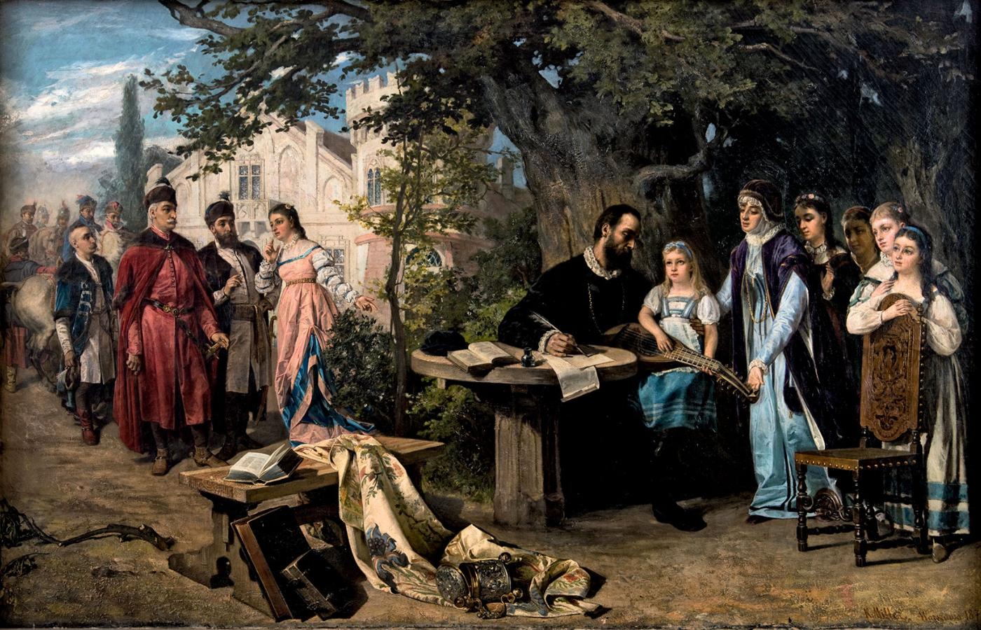 Odwiedziny Jana Zamoyskiego u Jana Kochanowskiego w Czarnolesie na obrazie Karola Millera, 1877 r.