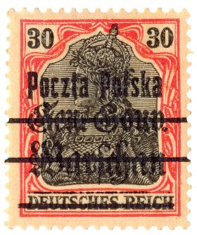 Prowizoryczny znaczek Poczty Polskiej, z wykorzystaniem niemieckich znaczków okupacyjnych, przełom 1918/1919 r.