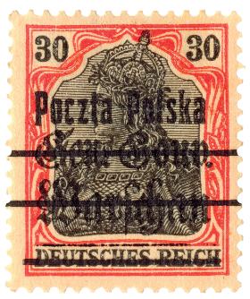 Prowizoryczny znaczek Poczty Polskiej, z wykorzystaniem niemieckich znaczków okupacyjnych, przełom 1918/1919 r.