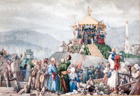 Cesarz wizytuje pola naftowe w Borysławiu w 1880 r., obraz z cyklu „Podróż inspekcyjna Franciszka Józefa I po Galicji”.