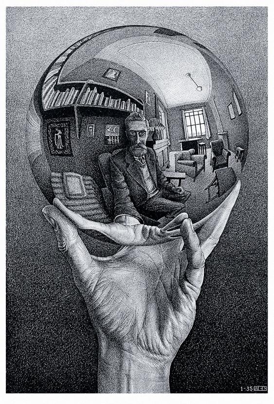 „Ręka z odbiciem w kuli” (litografia, 1935).