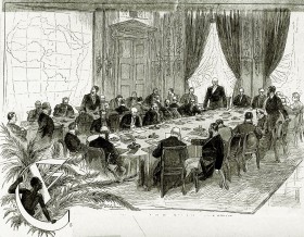 Podziału politycznego Afryki dokonano bez oglądania się na granice językowe i etniczne. Konferencja w sprawie podziału kontynentu - Berlin 1884 r. (grafika z epoki).