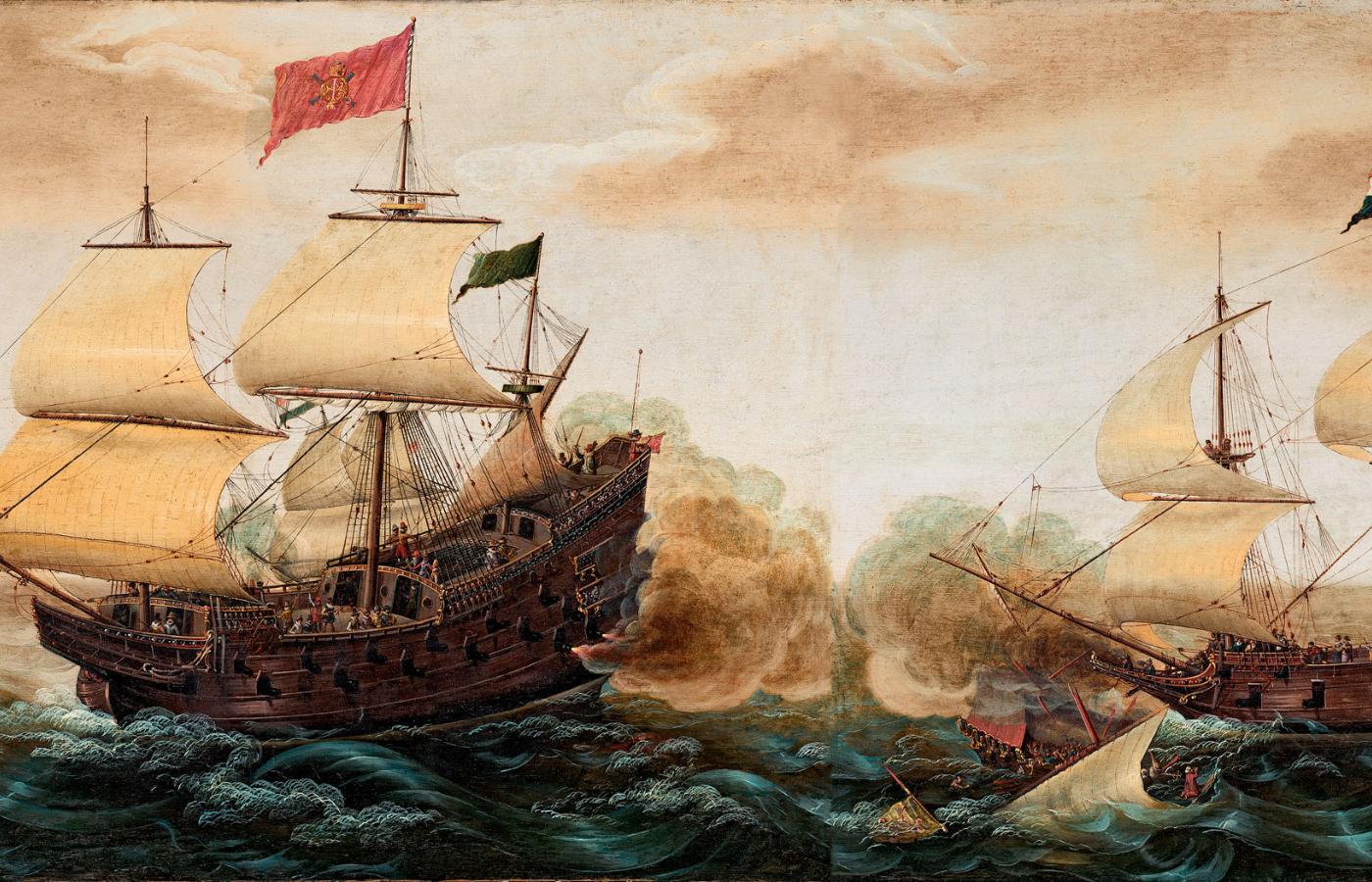 Hiszpański galeon (po lewej) na obrazie Cornelisa Verbeecka z pocz. XVII w.
