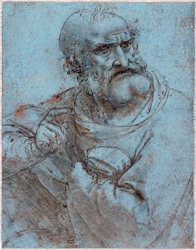 Leonardo da Vinci, „Studium głowy do »Ostatniej Wieczerzy«”, ok. 1495 r., tusz i srebrny sztyft na niebiesko zagruntowanym papierze, 14,5 × 11,3 cm, Albertina, Wiedeń.