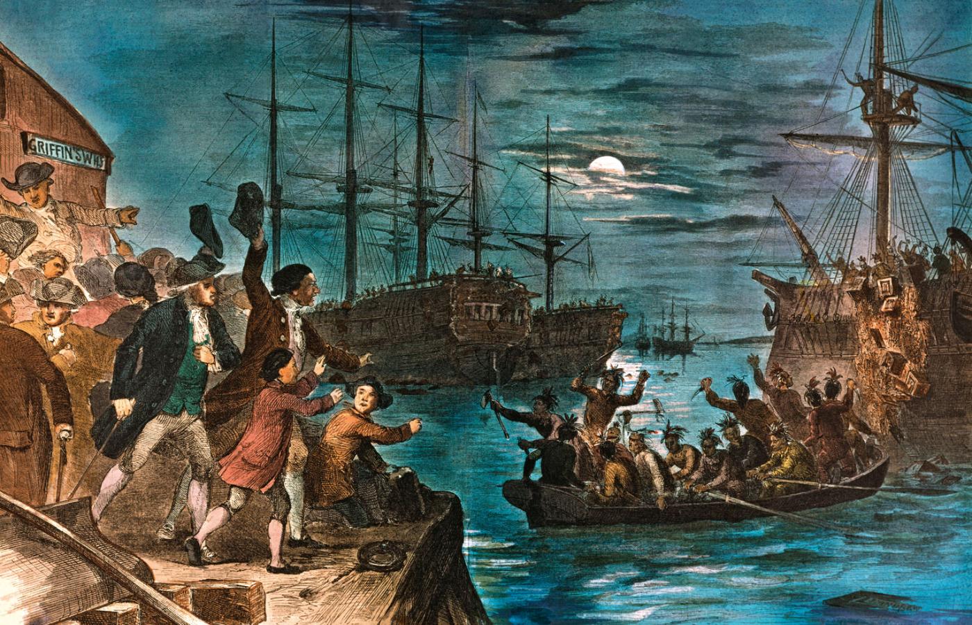 „Boston Tea Party” – niszczenie ładunków herbaty w porcie bostońskim, 16 grudnia 1773 r.; grafika z XVIII w.