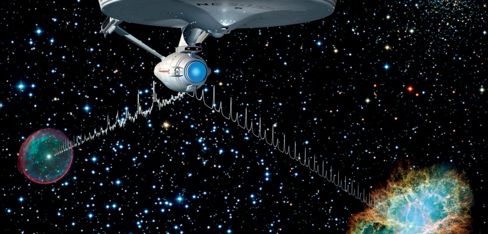 Artystyczna wizja statku „Enterprise” (serial „Star Trek”) nasłuchującego pulsara z mgławicy Krab. Dziś SF, jutro – prawda.