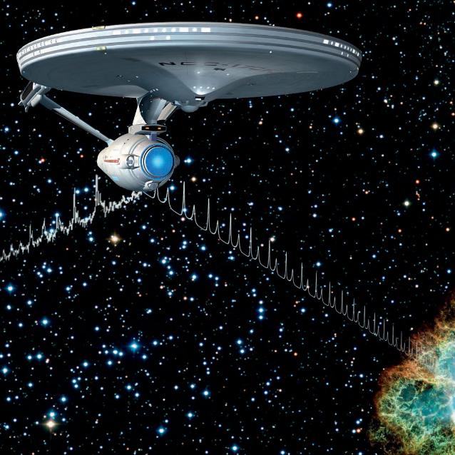 Artystyczna wizja statku „Enterprise” (serial „Star Trek”) nasłuchującego pulsara z mgławicy Krab. Dziś SF, jutro – prawda.