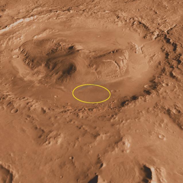 Krater Gale z zaznaczonym miejscem lądowania łazika Curiosity u stóp Aeolis Mons.