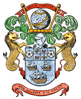 Herb Brytyjskiej Kompanii Wschodnioindyjskiej, kolorowany drzeworyt z XIX w.