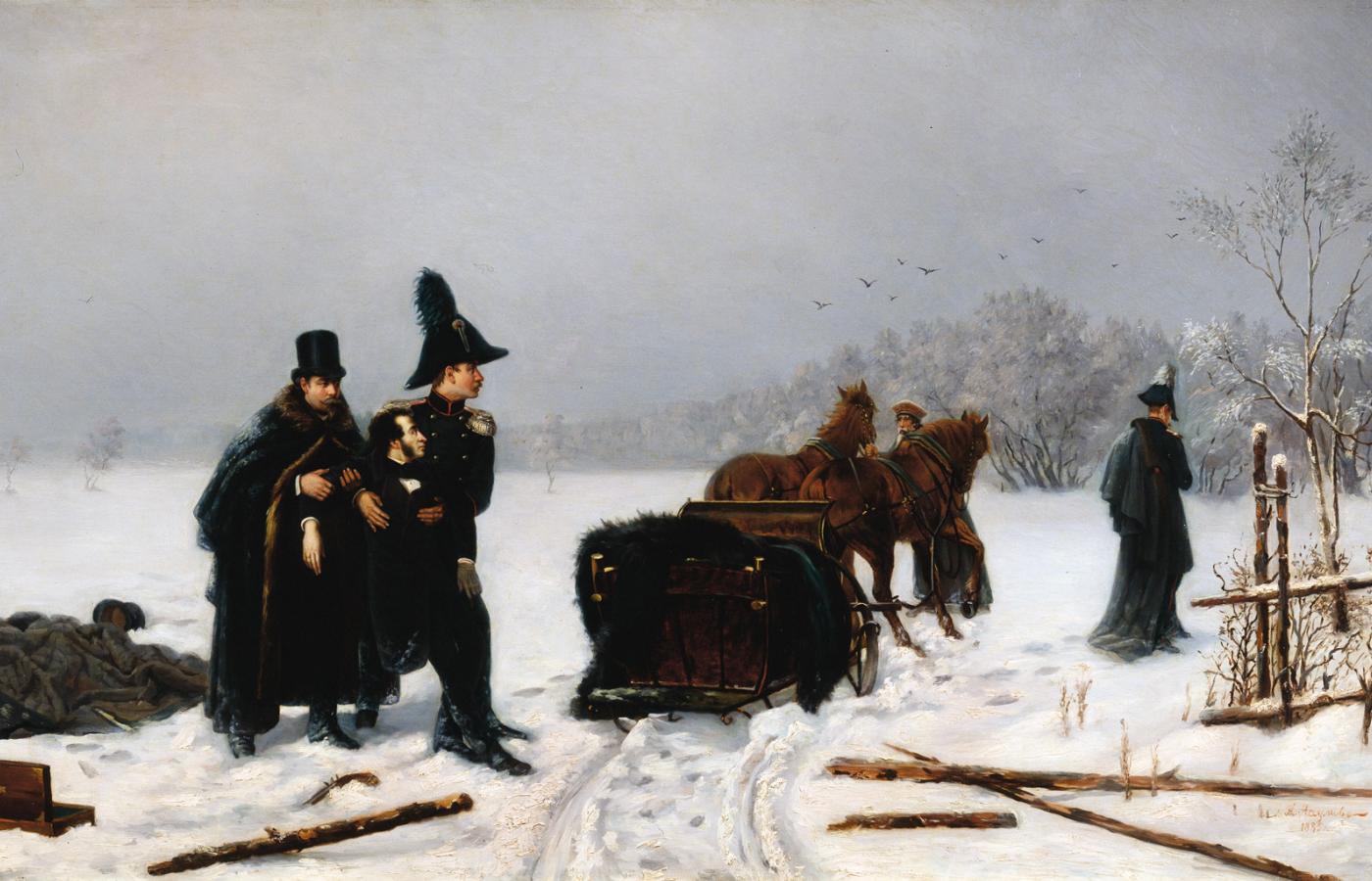Sekundanci eskortują rannego w pojedynku Puszkina - obraz Aleksandra Naumowa z 1884 r.