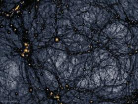 Fragment cyfrowego wszechświata. Żółte plamki to galaktyki. Łączące je włókna ciemnej materii są w rzeczywistości niewidoczne. Pole widzenia ma rozmiary 600 na 400 mln lat świetlnych.