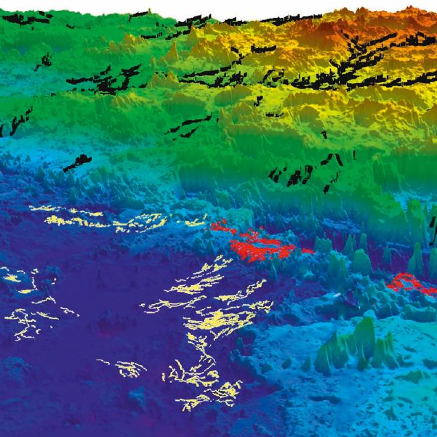 Mapa topograficzna brzegów dawnego oceanu. Na niebiesko zaznaczono tereny najniżej położone, na pomarańczowo – wyżyny.