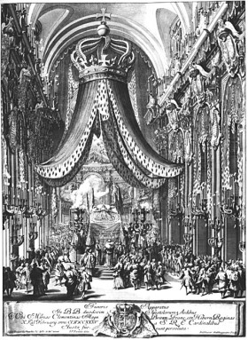 W epoce baroku ceremoniał żałobny rozrósł się do niespotykanych form. Na miedziorycie z epoki - projekt  dekoracji  Ferdinando Fugi  w rzymskim kościele w 1719 r. Kondukt i katafalk podczas pogrzebu Klementyny Sobieskiej.