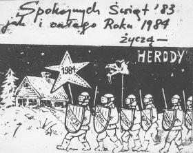 Widokówka świąteczna z drugiego obiegu. Słowo „spokój” weszło do słownika generała. Zomowcy z gwiazdą i turoniem w czarnych okularach wykluczają wszelkie „niepokoje”.