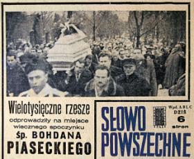 Strona tytułowa katolickiego dziennika „Słowo Powszechne” z informacją o pogrzebie Bohdana Piaseckiego w grudniu 1958 r.