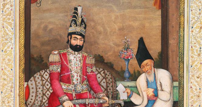 Mohammad Szah Kadżar ze swoim wezyrem Mirzą Aqasim, słabo wykształconym derwiszem z Kaukazu; ilustracja, II poł. XIX w.