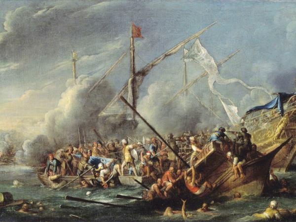 Bitwa morska z Turkami, hiszpański obraz z XVII w.