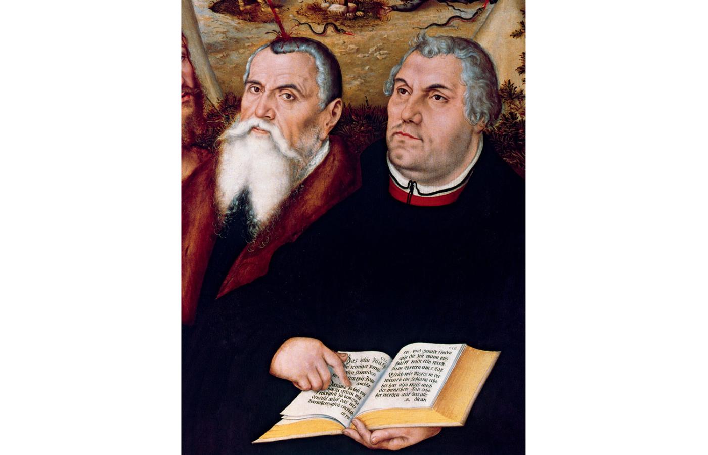 Lucas Cranach (po lewej) na portrecie z Marcinem Lutrem, XVI-wieczny obraz z kościoła w Weimarze