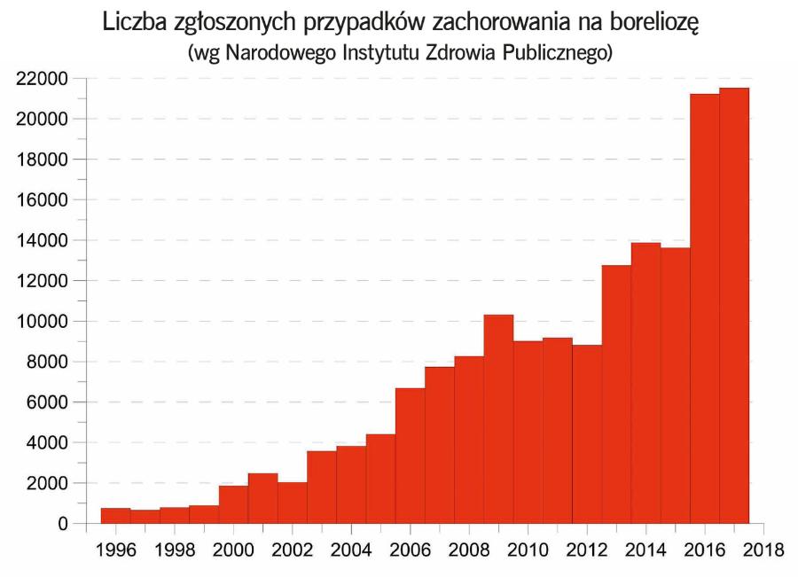 Gwałtowny wzrost liczby ­zarejestrowanych zachorowań w Polsce od 2013 r. może być spowodowany poprawą diagnozowania boreliozy przez lekarzy, a niekoniecznie rozprzestrzenieniem się choroby.