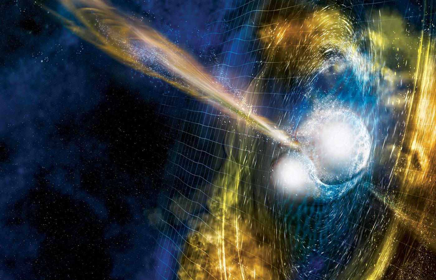 Ilustracja zderzenia się gwiazd neutronowych w układzie podwójnym. Powstające w wyniku fale grawitacyjne – zniekształcenia czasoprzestrzeni – są symbolicznie przedstawione przez zdeformowaną siatkę współrzędnych.
