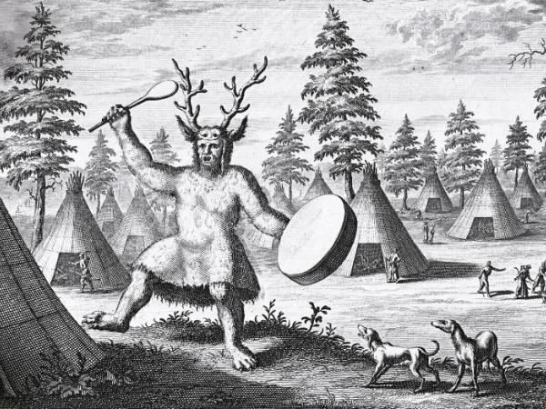 Szaman z syberyjskiej wioski na XVIII-wiecznej rycinie.