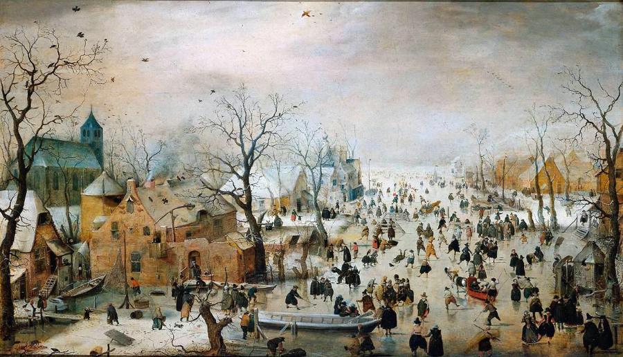 Mała epoka lodowcowa w sztuce: „Zimowy krajobraz z łyżwiarzami”, Hendrick Avercamp (1585–1634).