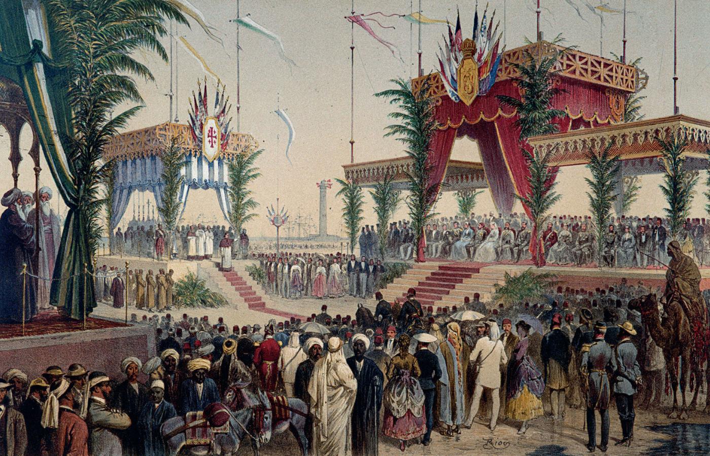 Uroczyste otwarcie Kanału Sueskiego, 1869 r. Ilustracja z epoki.