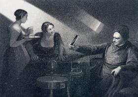 Isaac Newton przeprowadza eksperyment rozszczepienia białego światła przez pryzmat. Kopia obrazu George’a Romneya z 1796 r., której autorem jest Robert Mitchell Meadows.