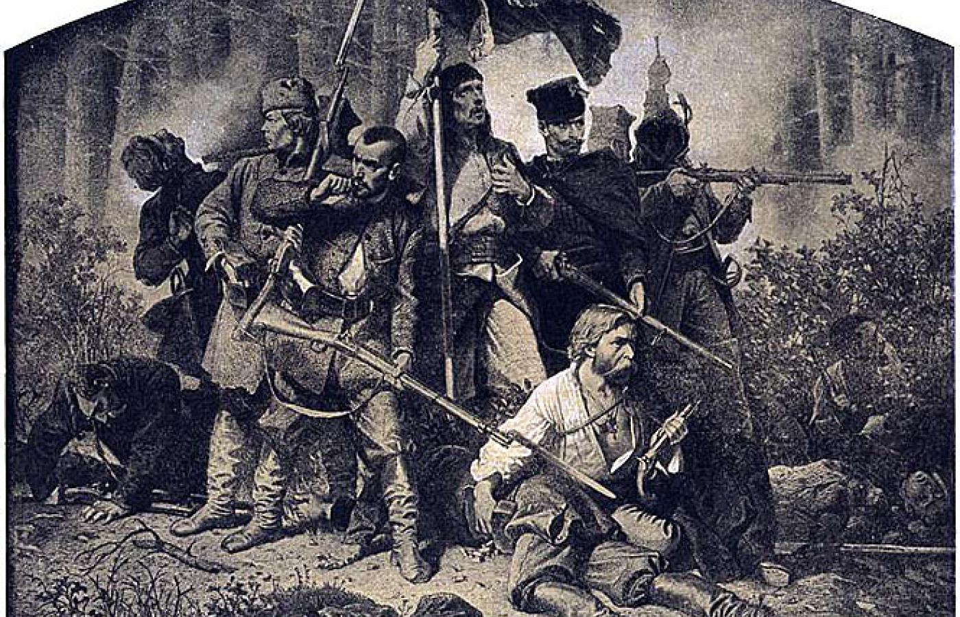 Bitwa. Grafika Artura Grottgera z cyklu Polonia 1863