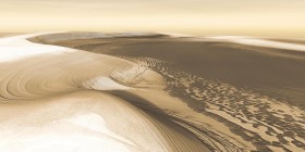 Chasma Boreale. Długa i głęboka dolina marsjańska wcinająca sie w północną czapę polarną planety. Linie na piasku marsjańskim powstały pod wpływem cyklicznych cofnięć  i nasunięć krawędzi czapy.  Zdjęcie pochodzi z orbitera marsjańskiego Odyssey.