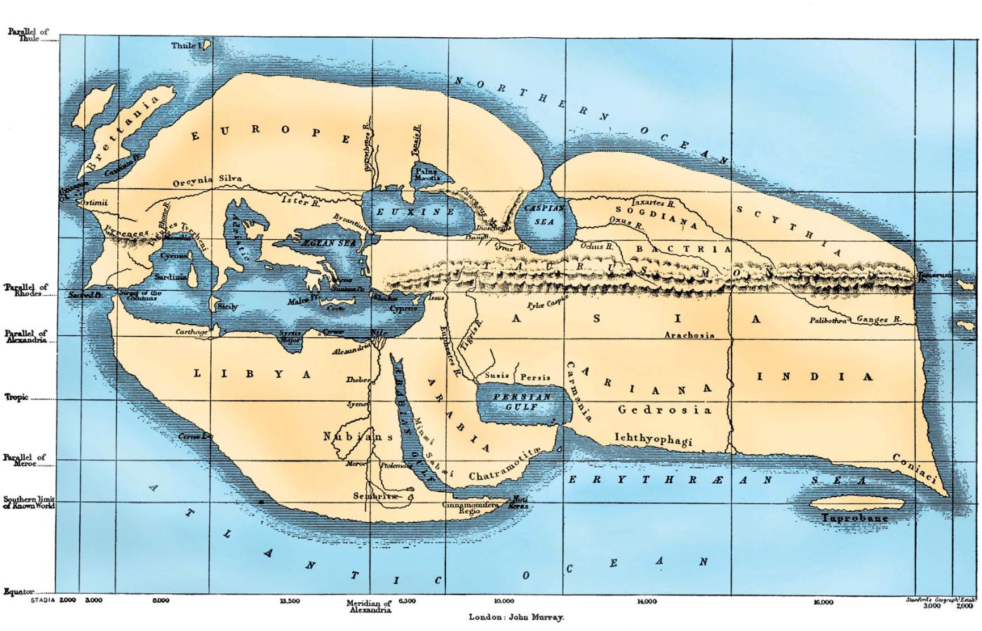 XIX-wieczna rekonstrukcja mapy świata według Eratostenesa.