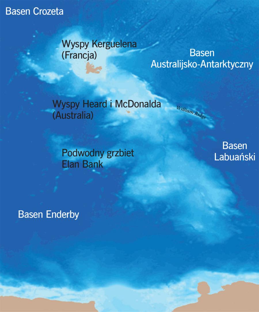 Wulkaniczny Płaskowyż Kergueleński, ciągnący się na dnie Oceanu Indyjskiego na długości ponad 2 tys. km, także był niegdyś kawałkiem kontynentu. Jedynie niewielka jego część wystaje ponad wodę.